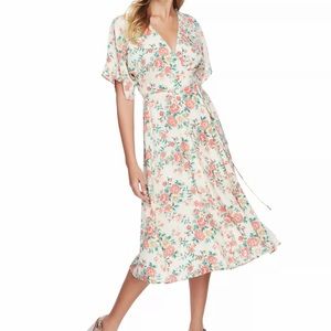 NEW 1. State Ikat Bouquet Floral Print White Midi Wrap Dress.